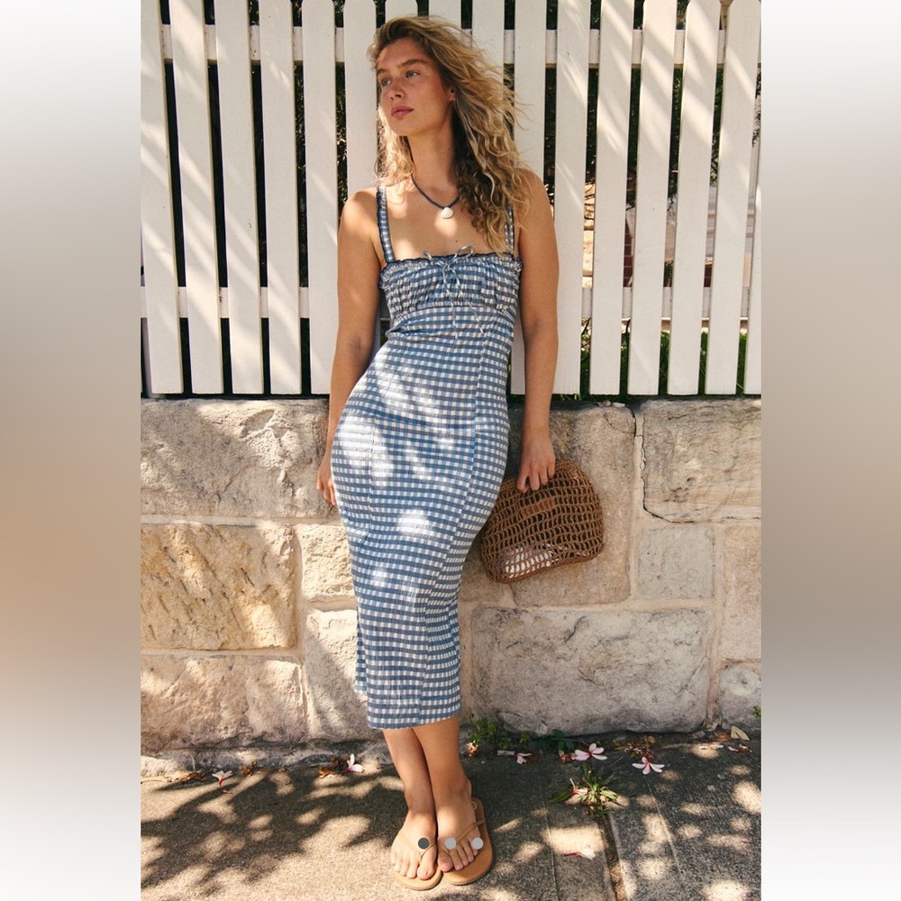 Free People Blue and White Checkered Midi Dress